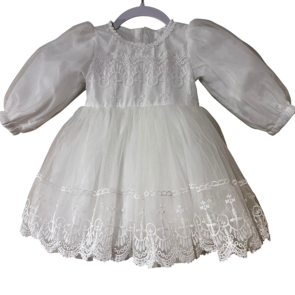Girls White Dress Christening Baptism Flower Girl 9-12 Months Lace Ruffles Lined